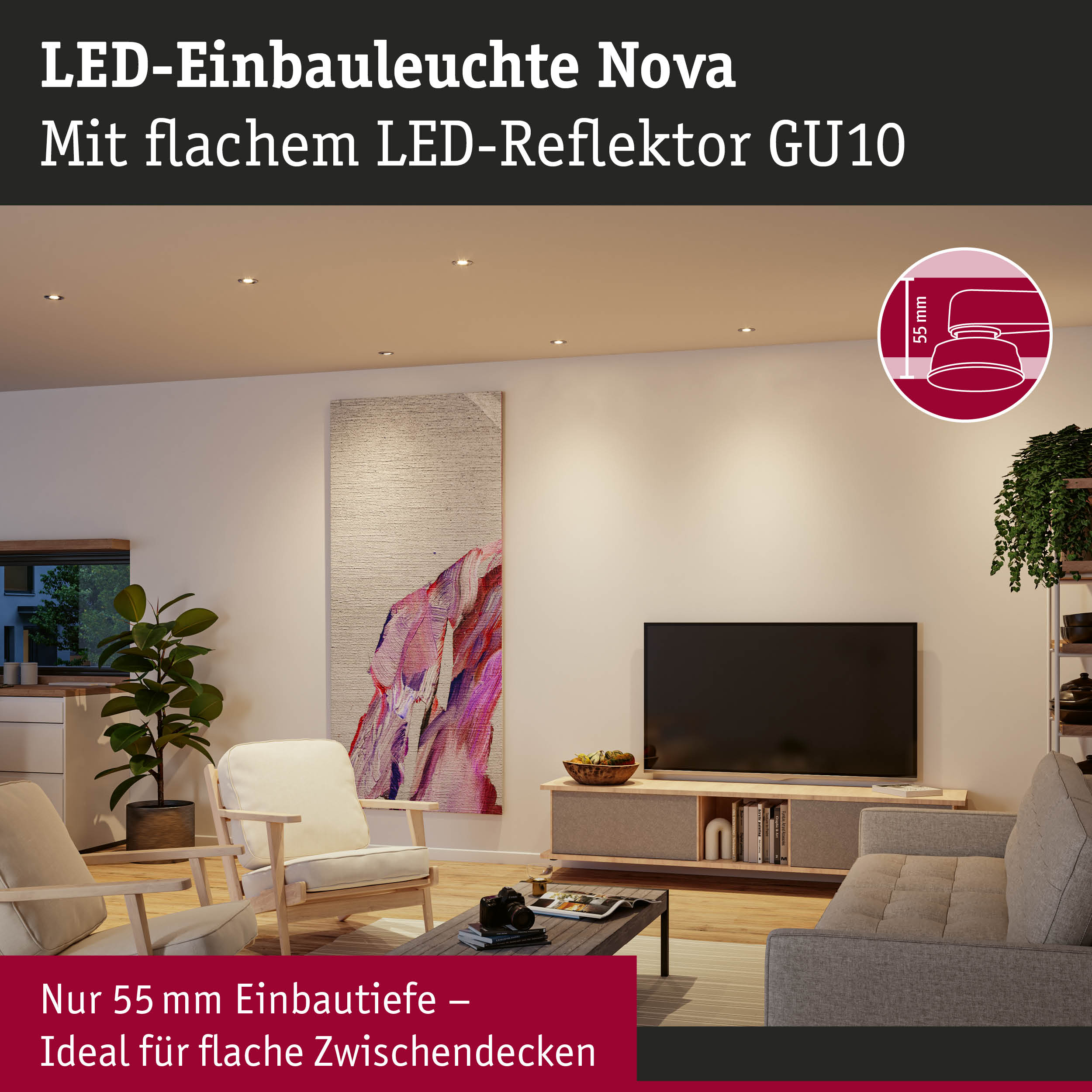 LED-Einbauleuchte Nova mit flachem LED-Reflektor GU10 in modernem Wohnzimmer mit heller Decke