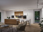 Moderne weiße und holzfarbene Küche mit minimalistischer LED-Deckenbeleuchtung und Kücheninsel