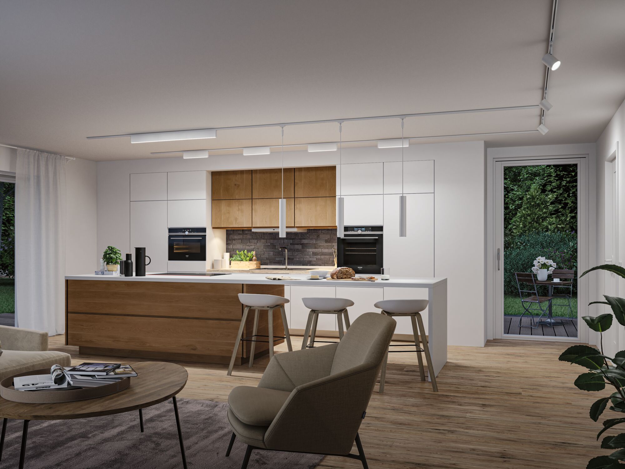 Modern white and wood kitchen with minimalist LED ceiling lights and kitchen island in living space