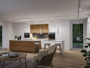 Modern white and wood kitchen with minimalist LED ceiling lights and kitchen island in living space