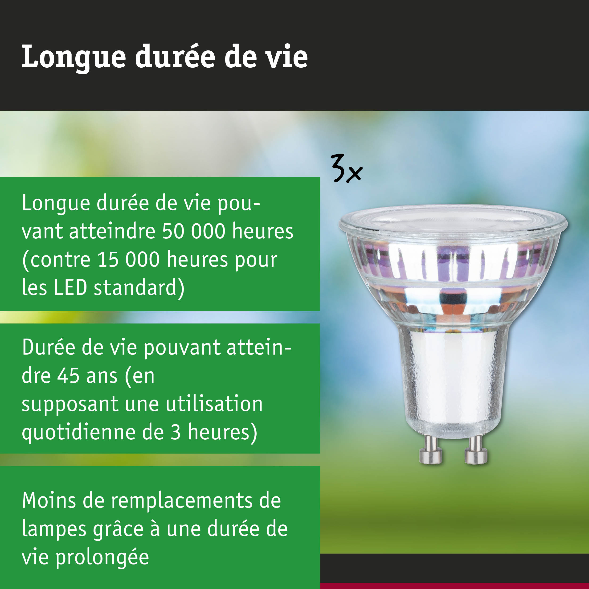 Lampe LED avec durée de vie de 50 000 heures, plus longue que les ampoules à incandescence traditionnelles