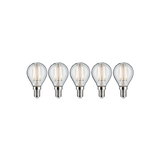 Fünf klare LED-Glühbirnen mit E14-Fassung und sichtbaren Filamenten für energiesparende Beleuchtung