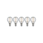 Fünf klare LED-Glühbirnen mit E14-Fassung und sichtbaren Filamenten für energiesparende Beleuchtung
