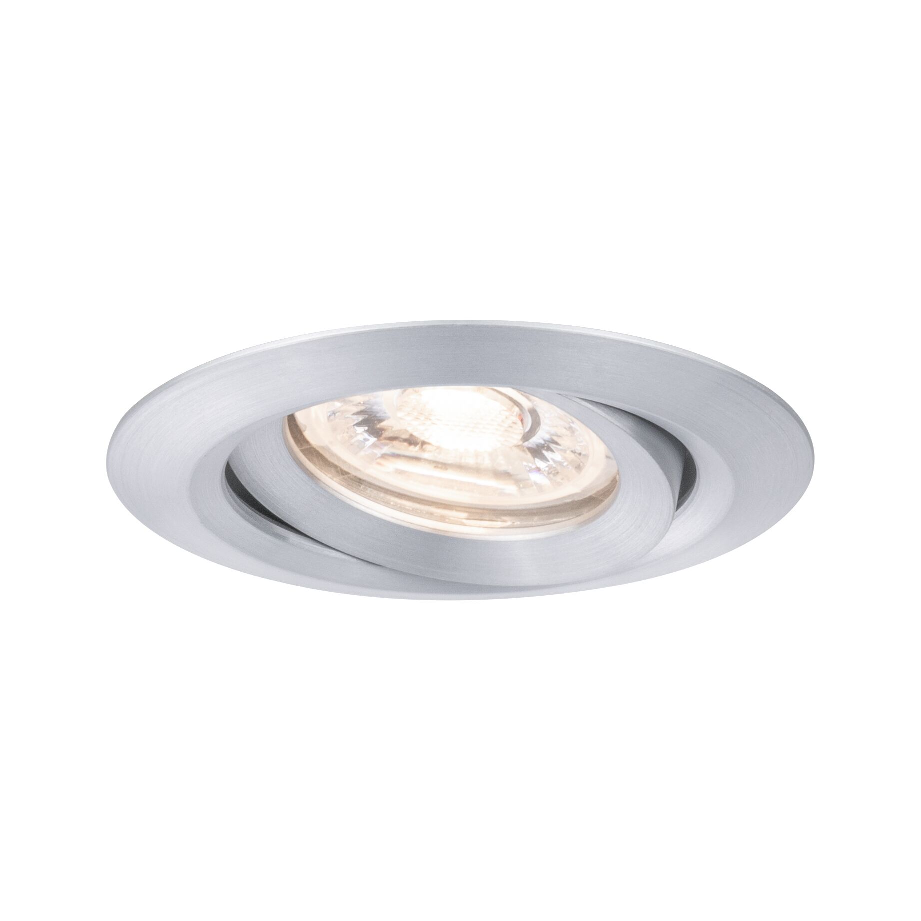 Rund einstellbarer Einbaustrahler aus gebürstetem Aluminium in Silber für moderne LED-Beleuchtung.