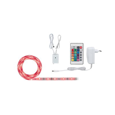 Bande LED rouge avec télécommande, adaptateur secteur et contrôleur pour éclairage coloré.