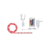 Red LED strip light with remote, power adapter, and controller for versatile color lighting.