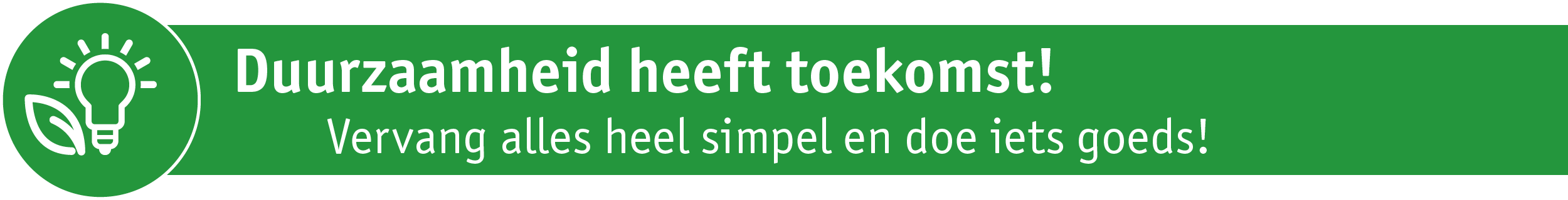 Groen banner met duurzaam lichtbol-icoon en tekst over eenvoud en toekomst van duurzaamheid.