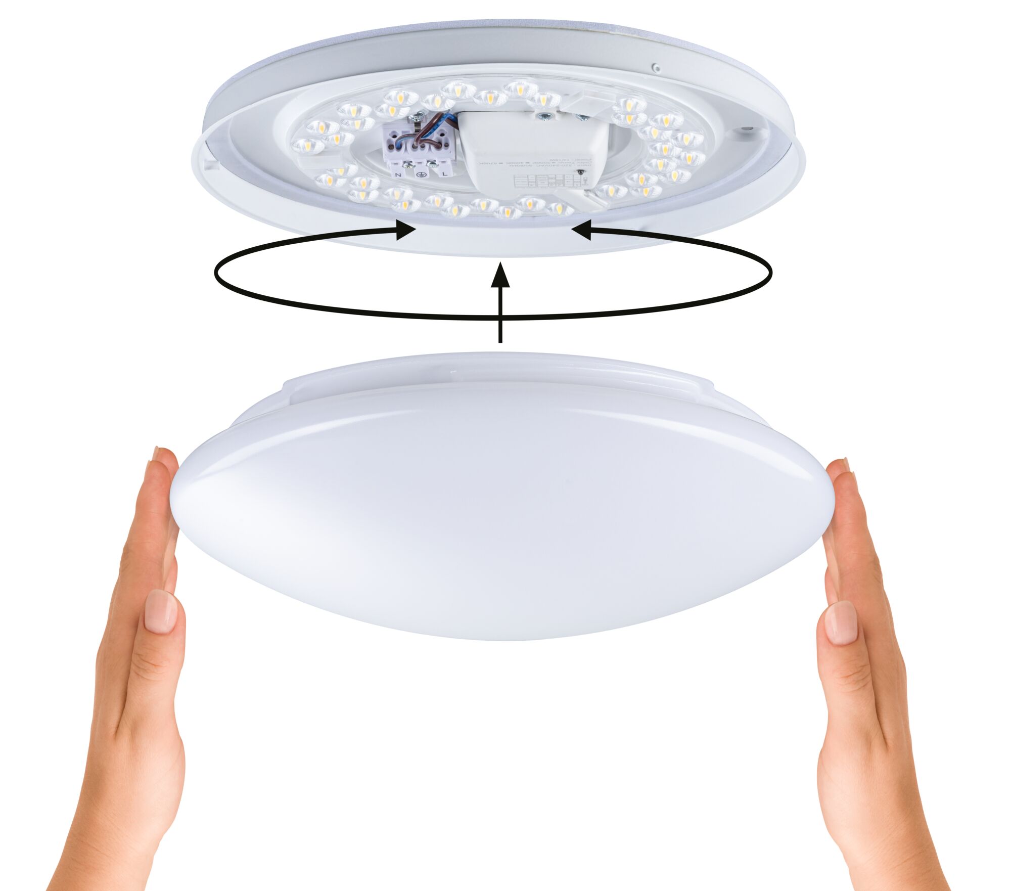 Assembly of round white LED ceiling light with diffuser and visible LED modules