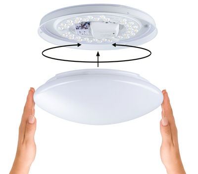 Assembly of round white LED ceiling light with diffuser and visible LED modules