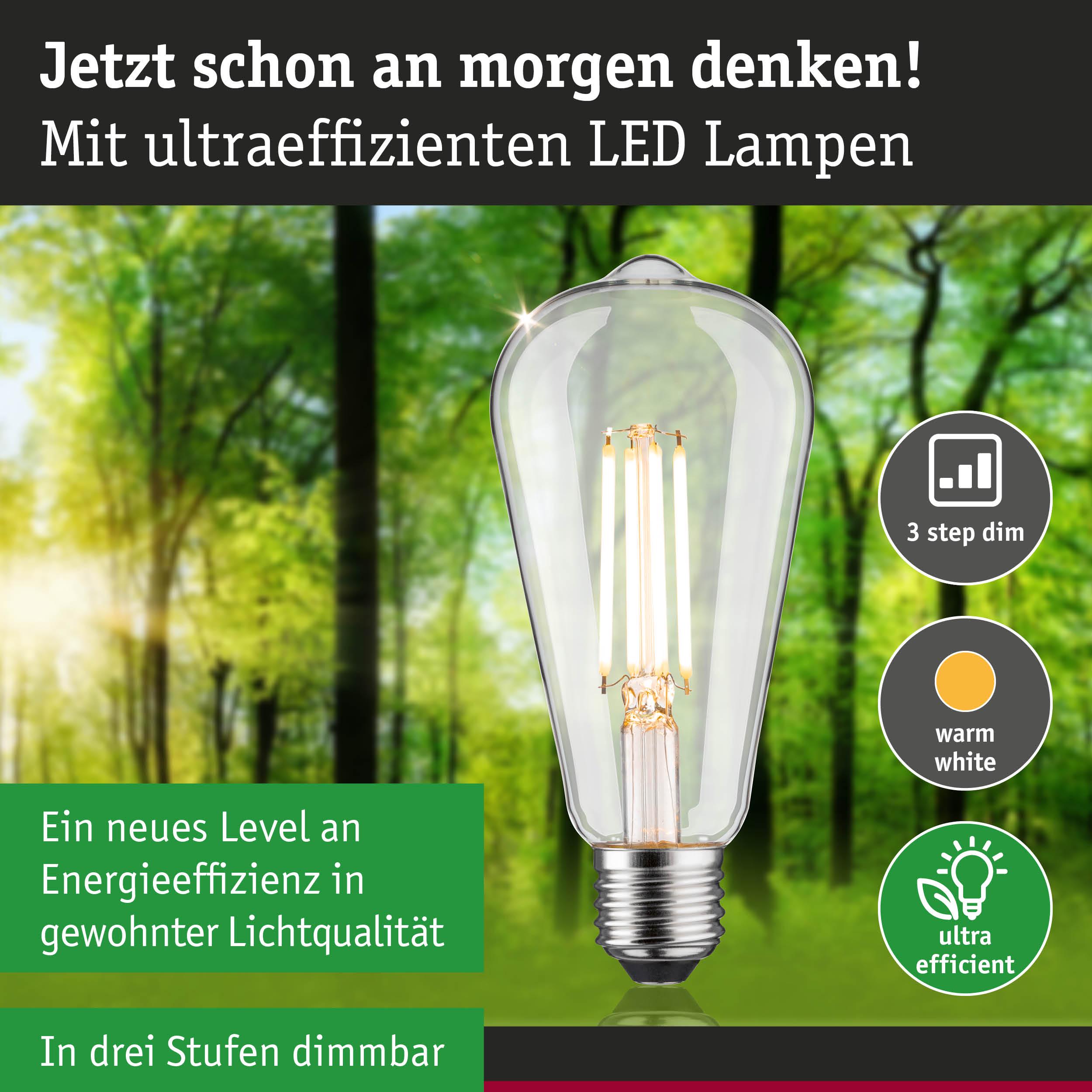 Transparente LED-Lampe mit warmweißem Licht und hoher Energieeffizienz, dimmbar in drei Stufen