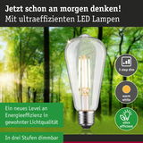 Transparente LED-Lampe mit warmweißem Licht und hoher Energieeffizienz, dimmbar in drei Stufen
