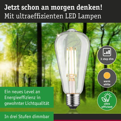 Transparente LED-Lampe mit warmweißem Licht und hoher Energieeffizienz, dimmbar in drei Stufen