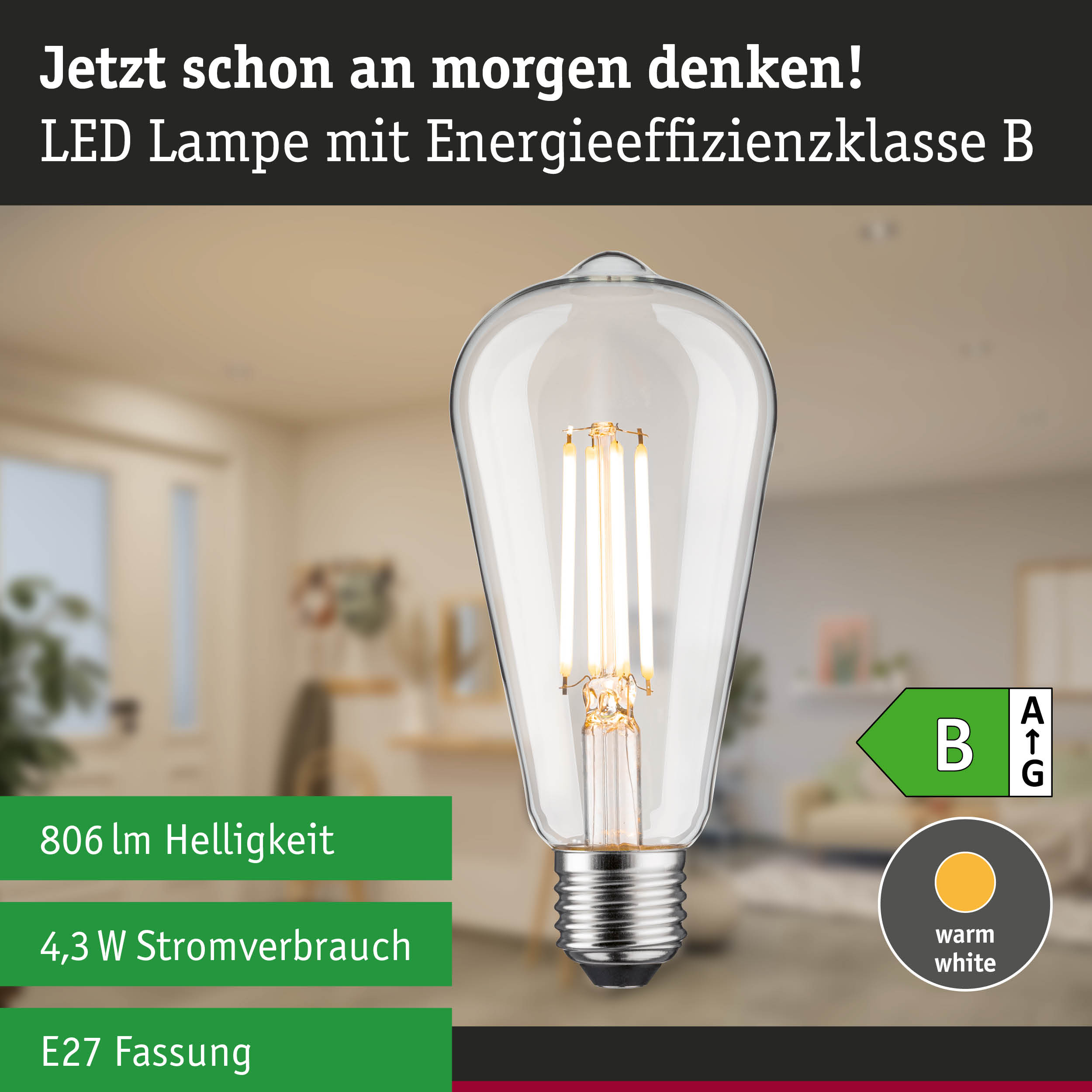 Klarer LED-Leuchtmittel in Glühbirnenform mit warmweißem Licht und hoher Energieeffizienz