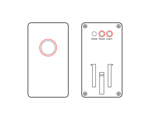 Technical drawing of a sensor with red ring and two red indicators for light and motion functions