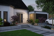 Façade de maison moderne avec toit noir, porte grise, vélo et éclairage extérieur en soirée