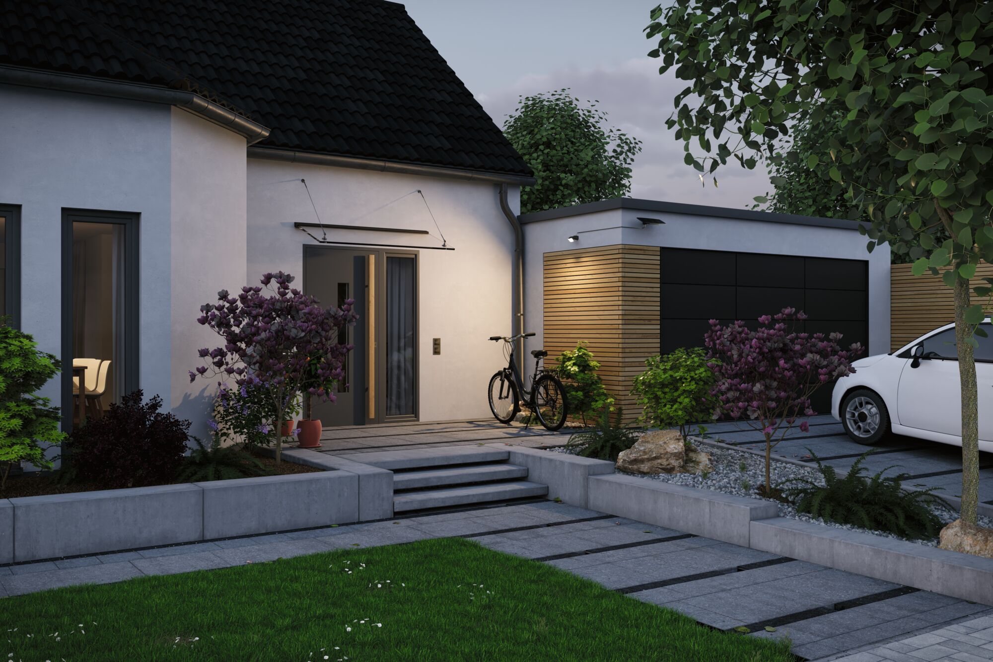 Façade de maison moderne avec toit noir, porte grise, vélo et éclairage extérieur en soirée