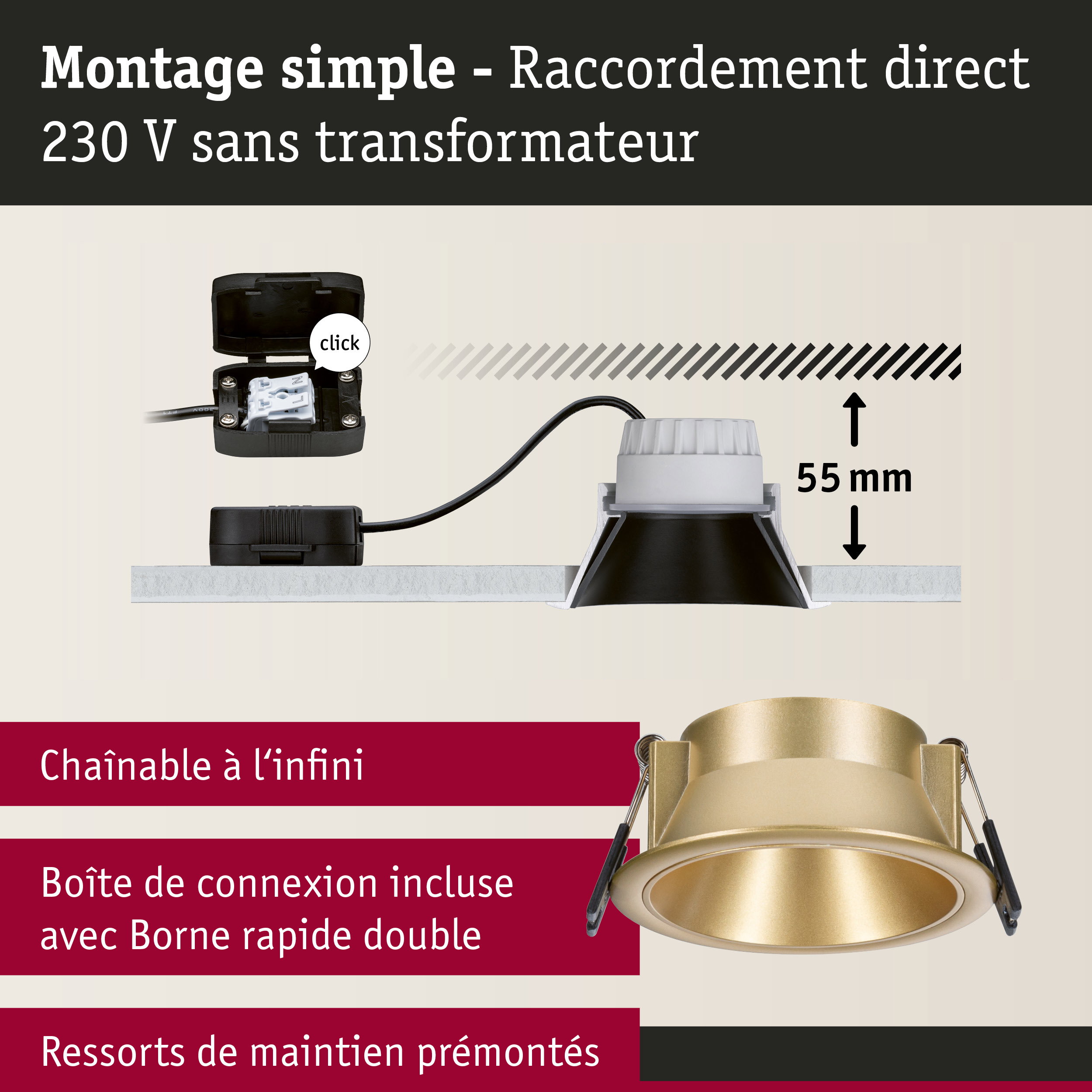 Spot encastré en métal doré avec profondeur d'installation de 55 mm et raccordement direct 230 V sans transformateur