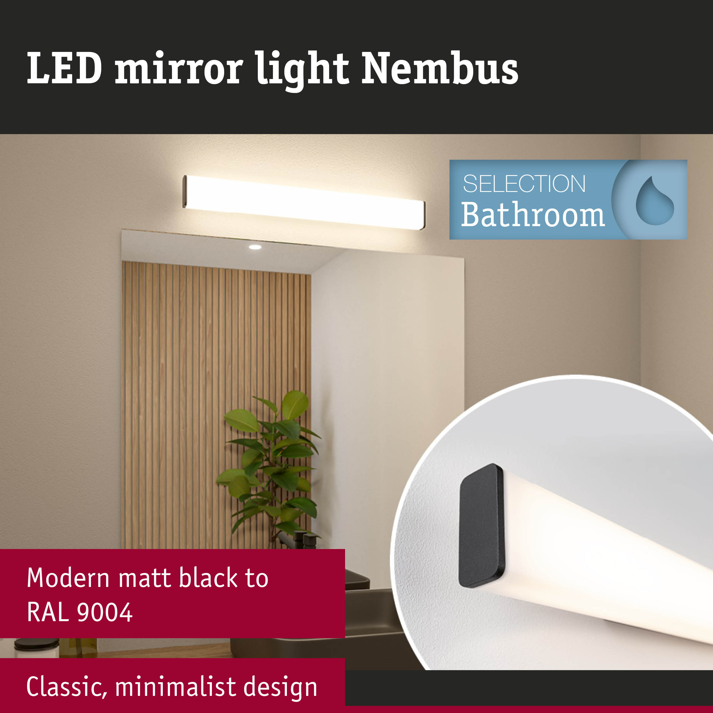 Nimbus LED mirror light in matt black and white for modern bathroom lighting