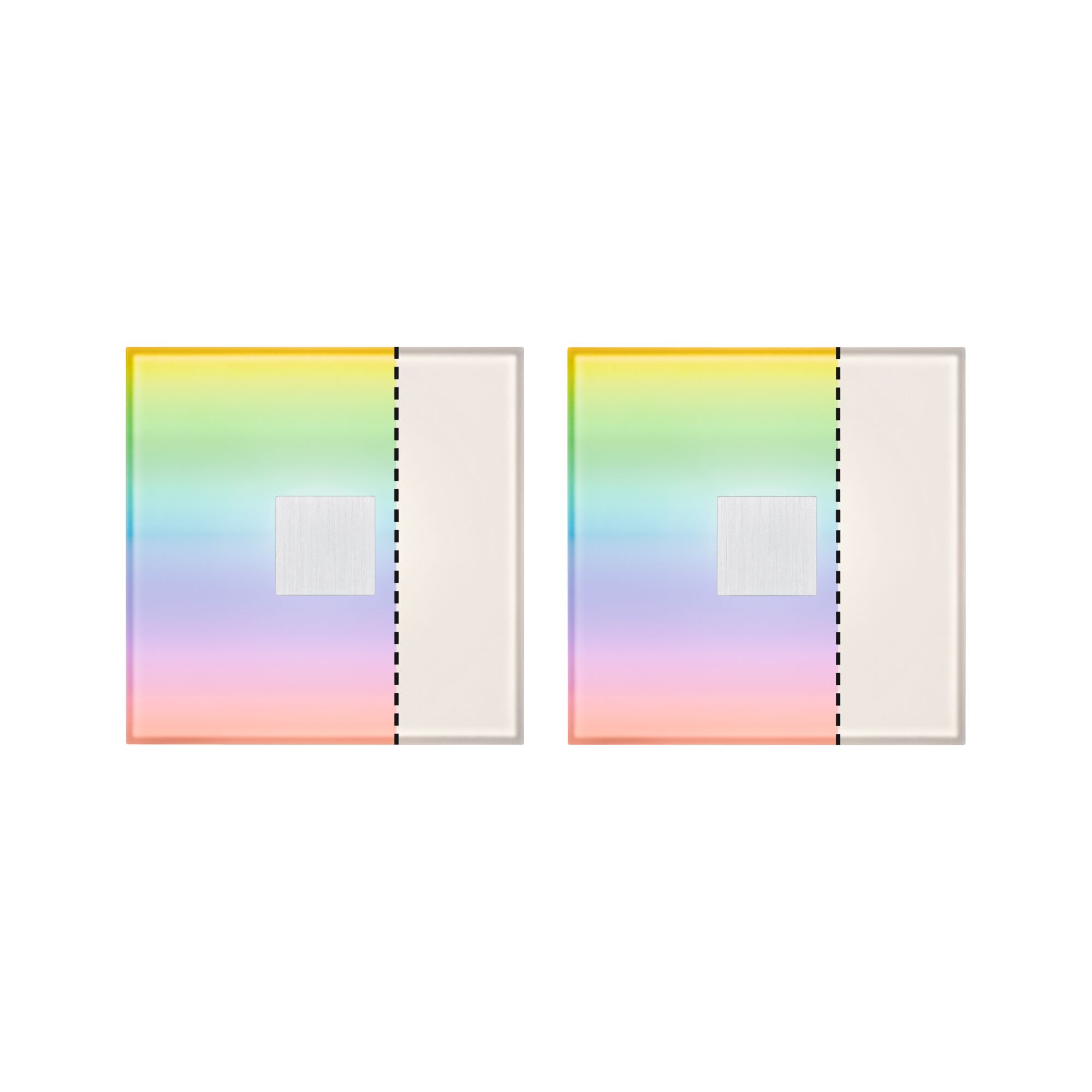Zwei quadratische Lichtschalter mit Regenbogenfarben und weißem Rand, modernes Design für Wandinstallation