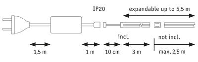 Schéma technique d'une prise avec câble et connecteur, extensible jusqu'à 5,5 m, indice de protection IP20