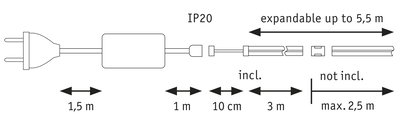Technical drawing of plug with cable and connector, expandable up to 5.5 m length, IP20 protection rating