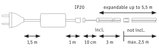 Technical drawing of plug with cable and connector, expandable up to 5.5 m length, IP20 protection rating