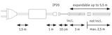Technical drawing of plug with cable and connector, expandable up to 5.5 m length, IP20 protection rating