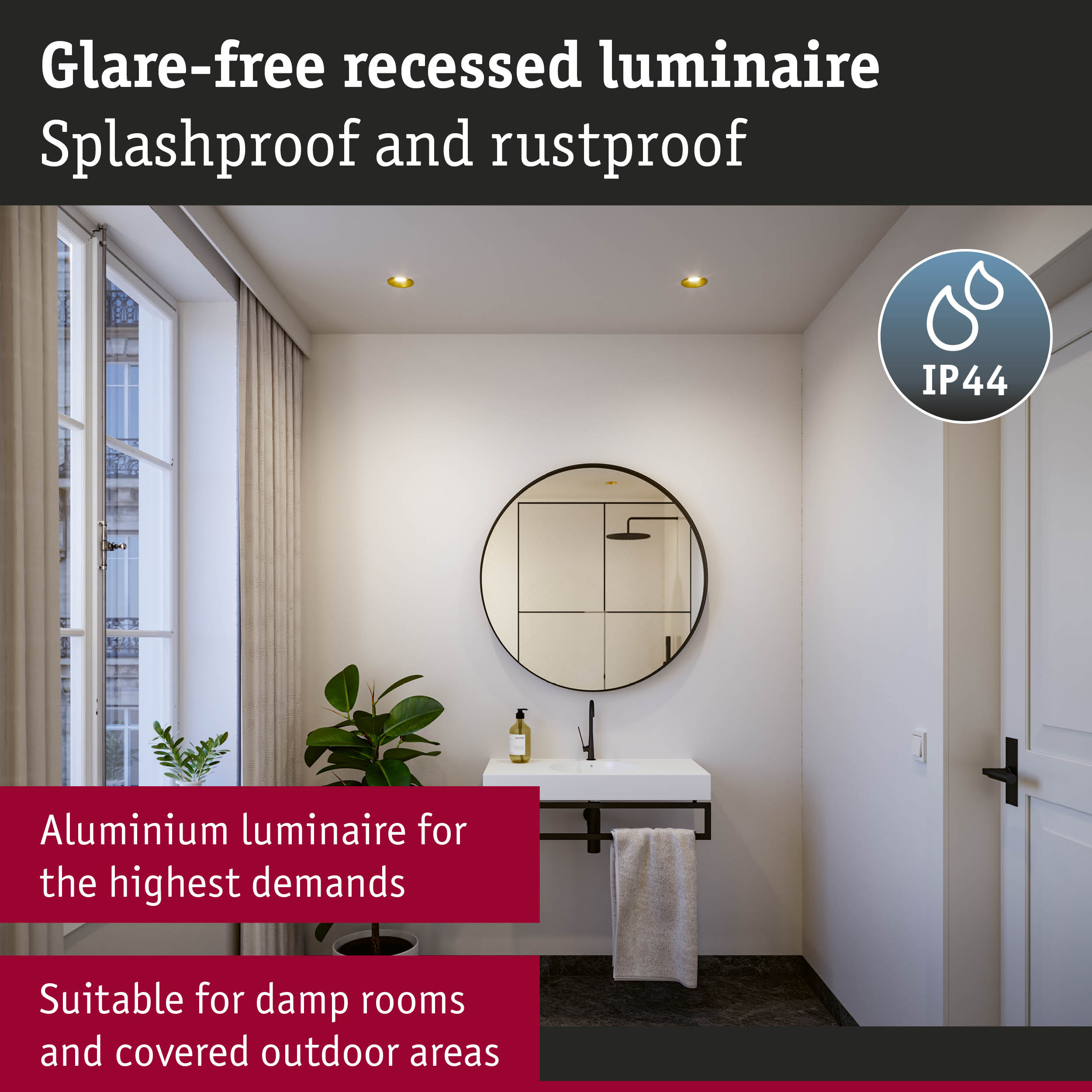 White aluminium recessed luminaire with IP44 rating suitable for damp rooms and covered outdoor areas