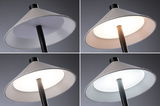 Four views of a modern floor lamp shade in grey metal with black rod and adjustable light color.