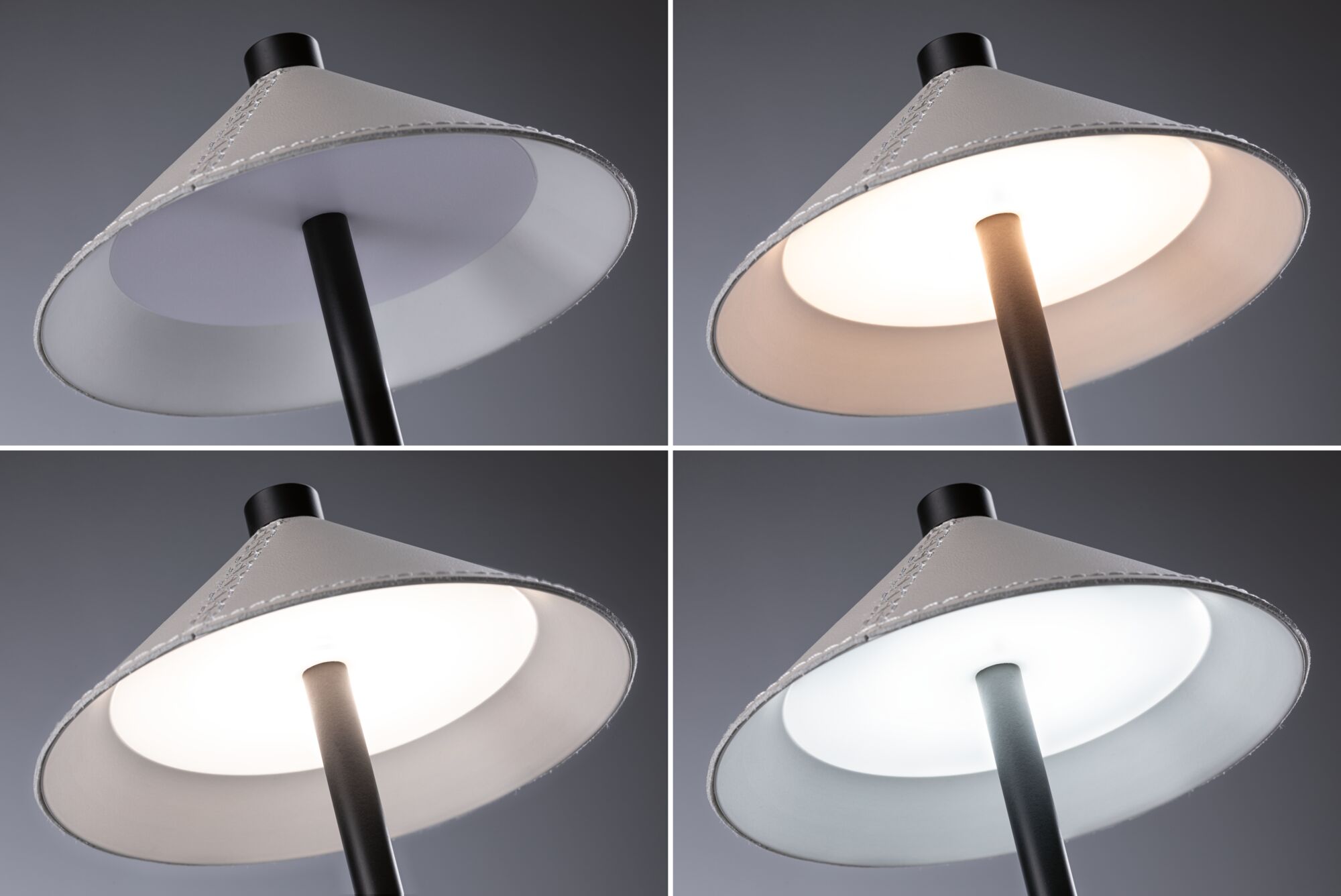 Vier Ansichten eines modernen Stehlampen-Schirms aus grauem Metall mit schwarzem Stab und variabler Lichtfarbe.