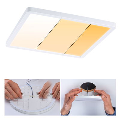 Weißes LED-Deckenpanel mit einstellbarer Farbtemperatur und Montageanleitung für energiesparende Beleuchtung.