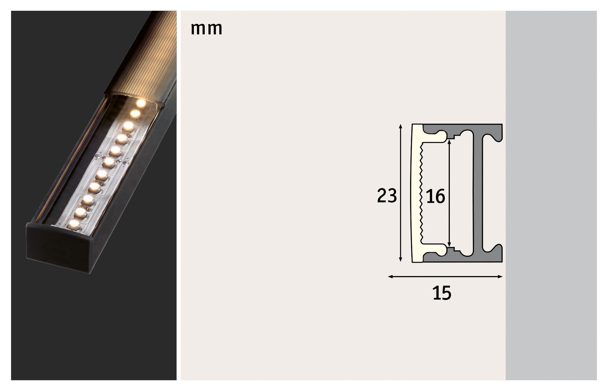 Aluminum LED profile with frosted diffuser and technical dimensions 23x15 mm for LED strips.