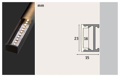 Aluminum LED profile with frosted diffuser and technical dimensions 23x15 mm for LED strips.