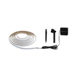 Flexible white LED strip with black solar panel and ground spike for outdoor lighting