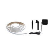White LED strip with black solar panel and plastic ground spike for outdoor lighting solutions