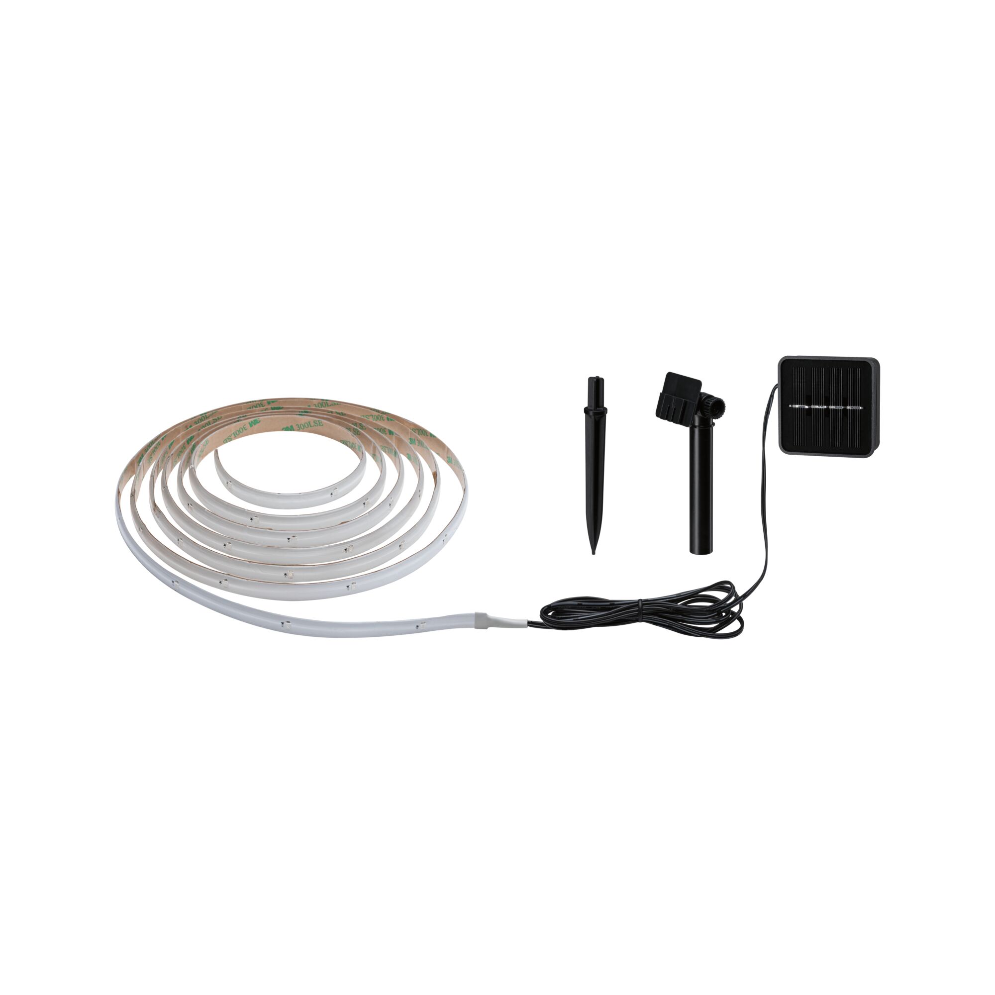 White LED strip with black solar panel and plastic ground spike for outdoor lighting solutions