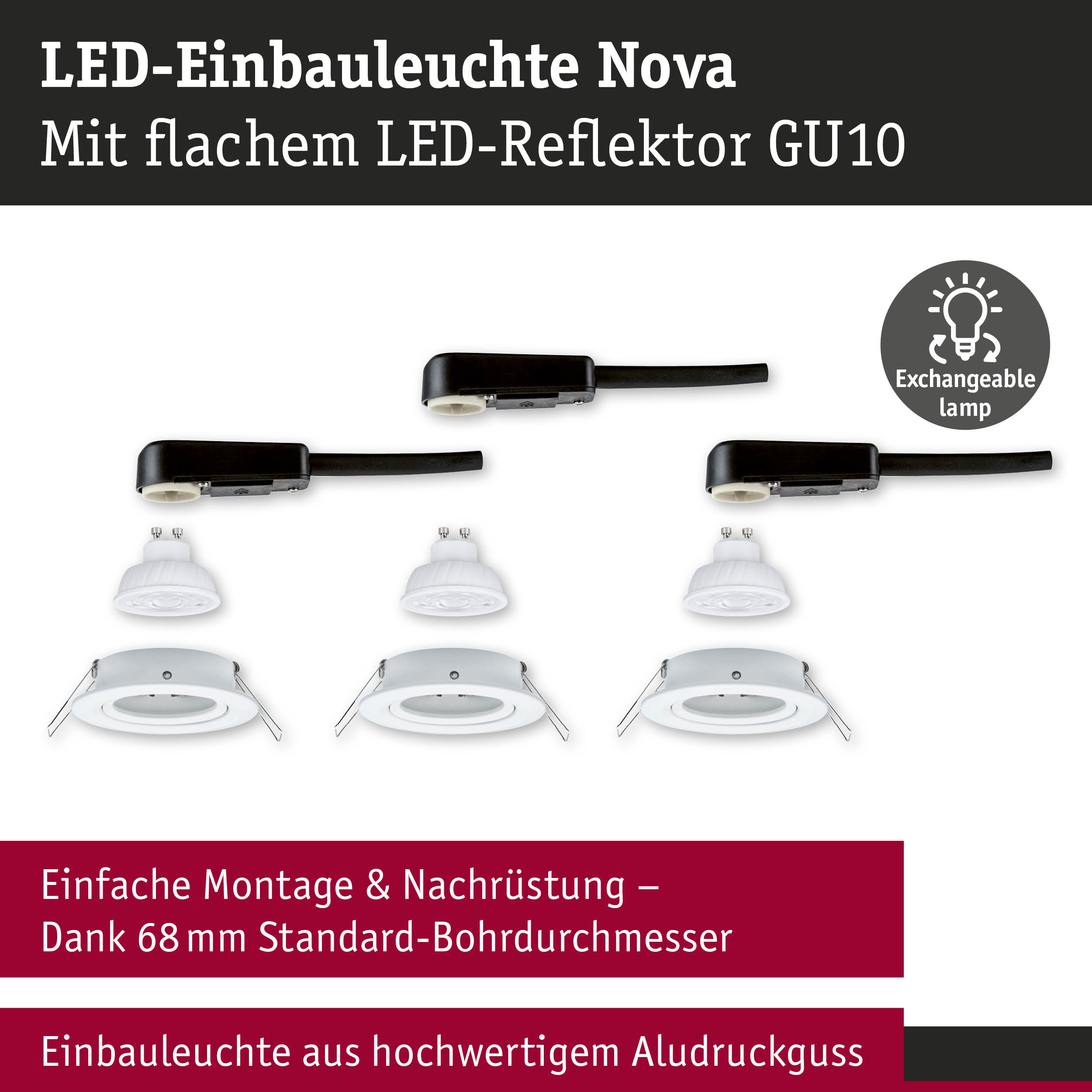 LED-Einbauleuchte Nova mit flachem LED-Reflektor GU10 in Weiß und schwarzem Anschlusskabel