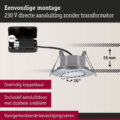 Eenvoudig te monteren LED inbouwspot met 230 V directe aansluiting en verstelbare grijze lampkop