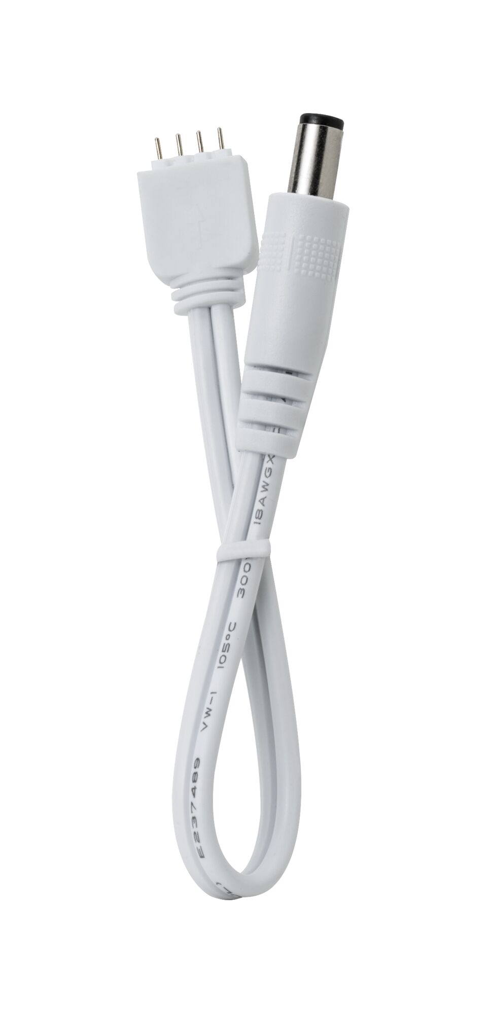 White connection cable with 4-pin plug and round plastic connector for LED lighting systems