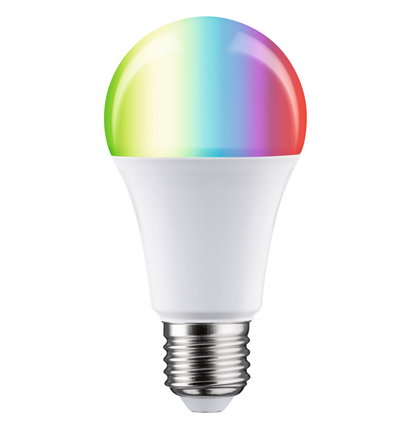 Colorful LED bulb with E27 base in white plastic for dynamic color-changing lighting