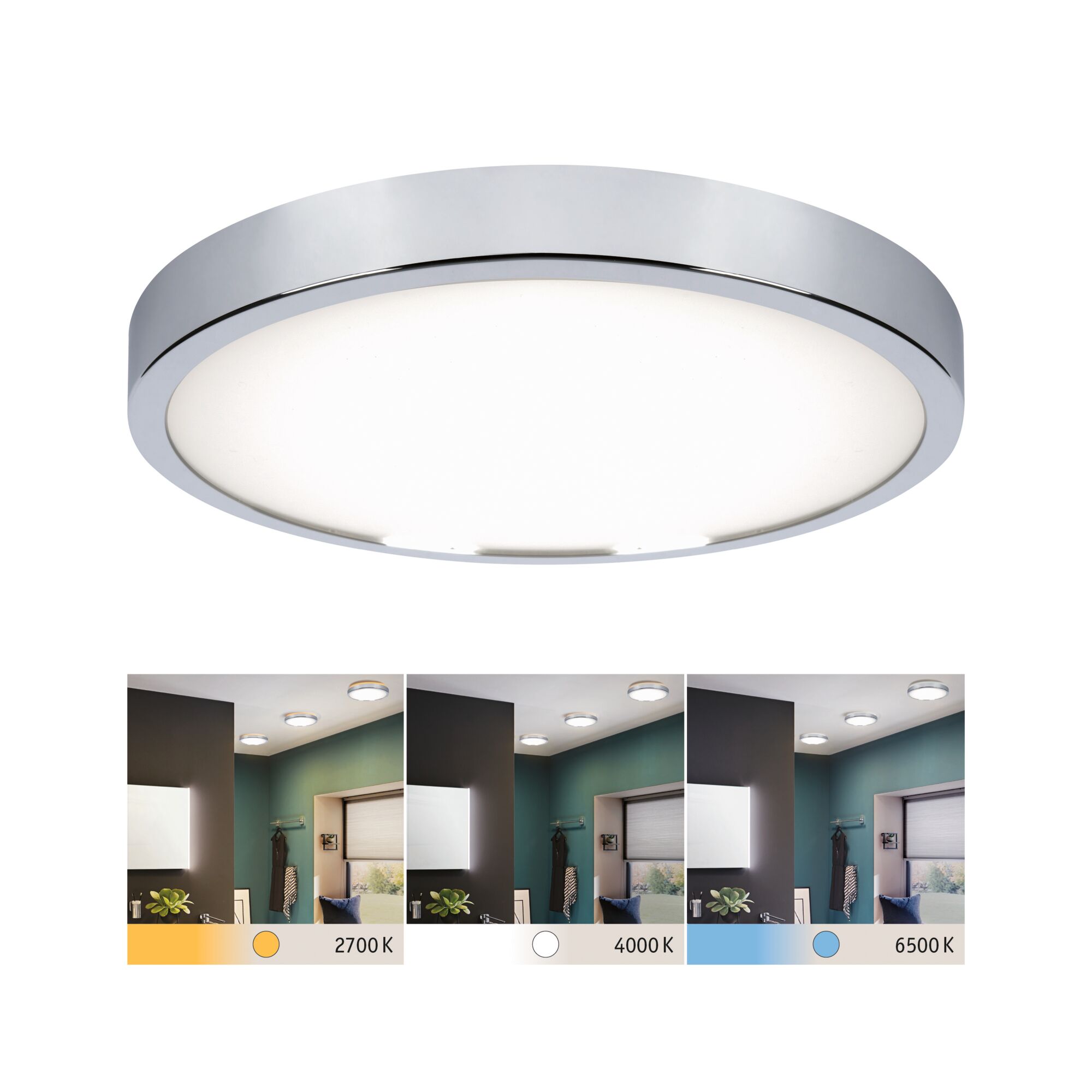 LED Panel Aviar IP44 rund 360mm 24W 2200lm White Switch Chrom Runde LED-Deckenleuchte mit Chromrahmen und einstellbarer Farbtemperatur 2700K bis 6500K für Wohnräume