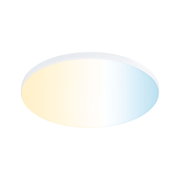Round LED ceiling light with white frame and warm to cool white light for living spaces
