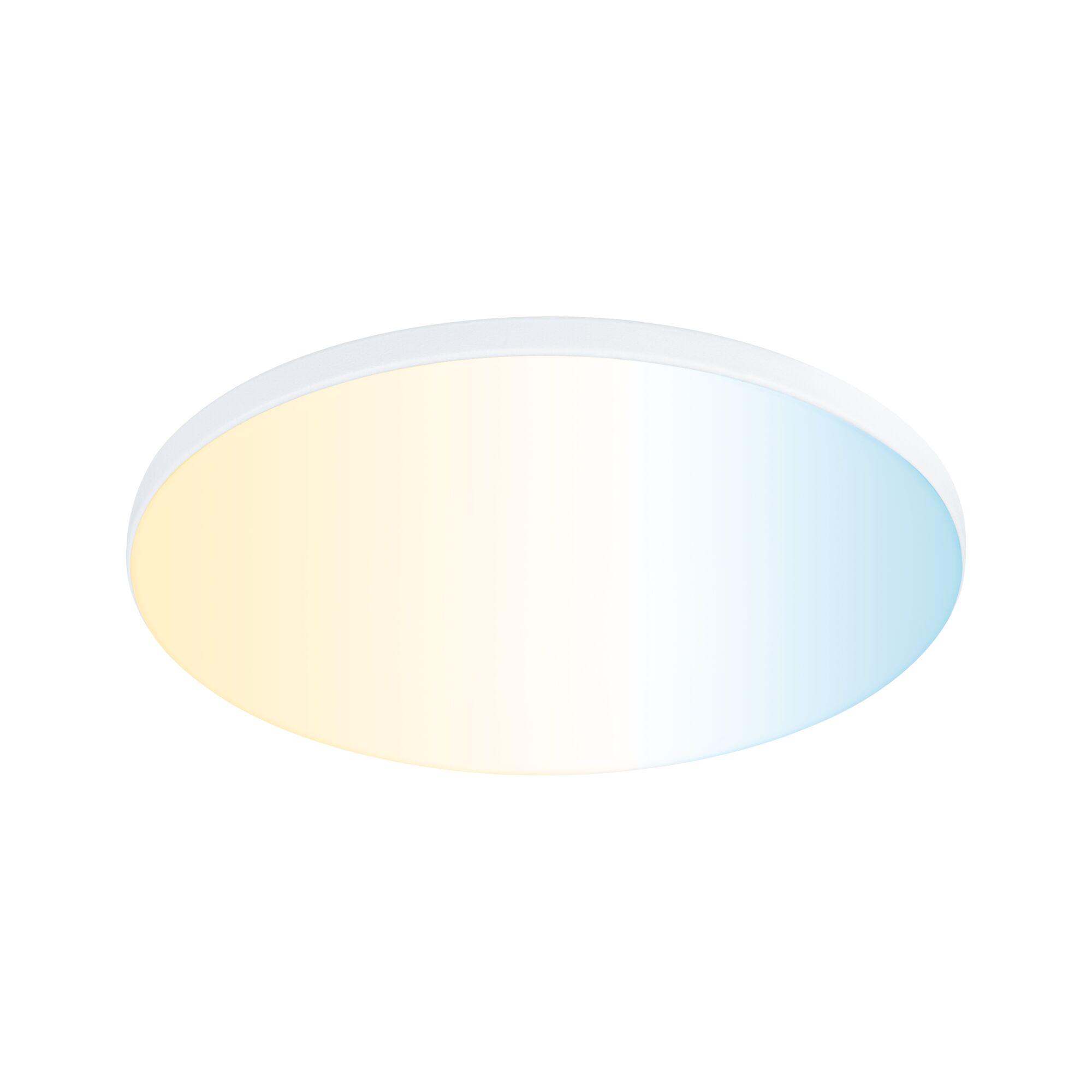 Round LED ceiling light with white frame and warm to cool white light for living spaces