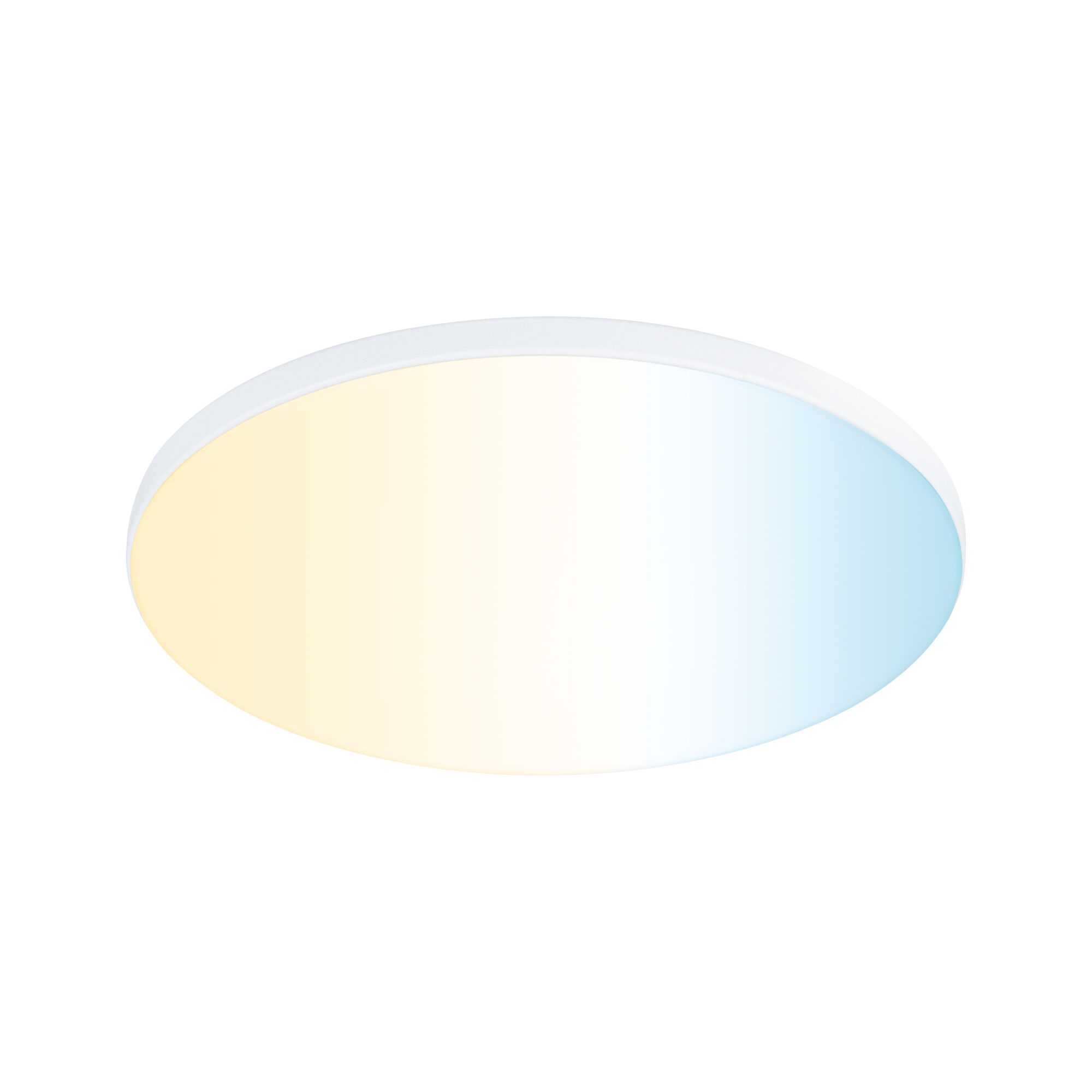 Round LED ceiling light with white frame and warm to cool white light for living spaces