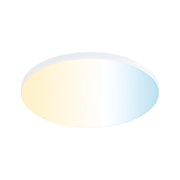 Round LED ceiling light with white frame and warm to cool white light for living spaces