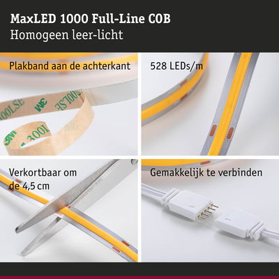 MaxLED 1000 LED-strip met plakband, 528 LEDs/m, knipbaar en eenvoudig te verbinden voor LED-verlichting