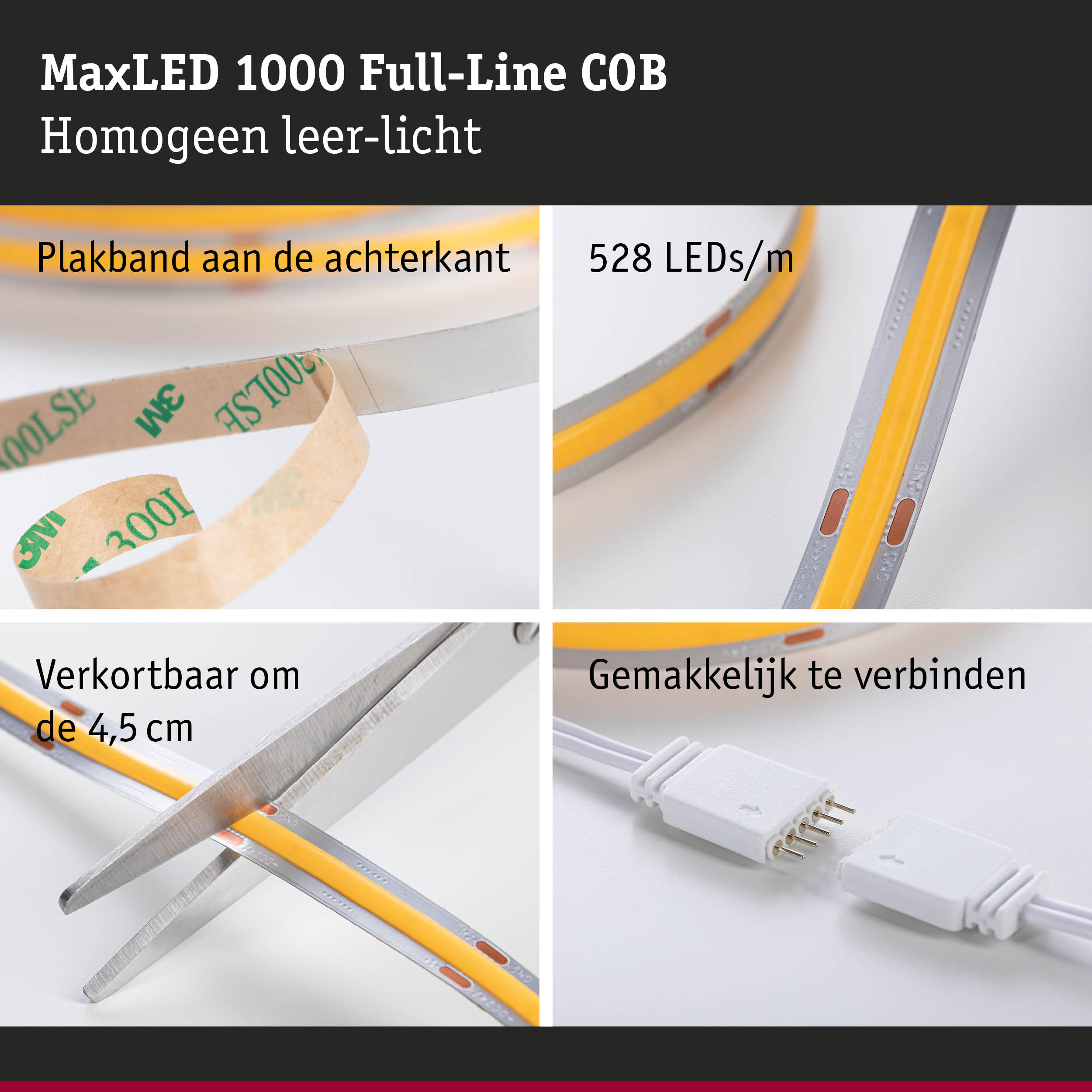MaxLED 1000 LED-strip met 528 LEDs per meter, zelfklevend en knipbaar voor flexibele LED-verlichting
