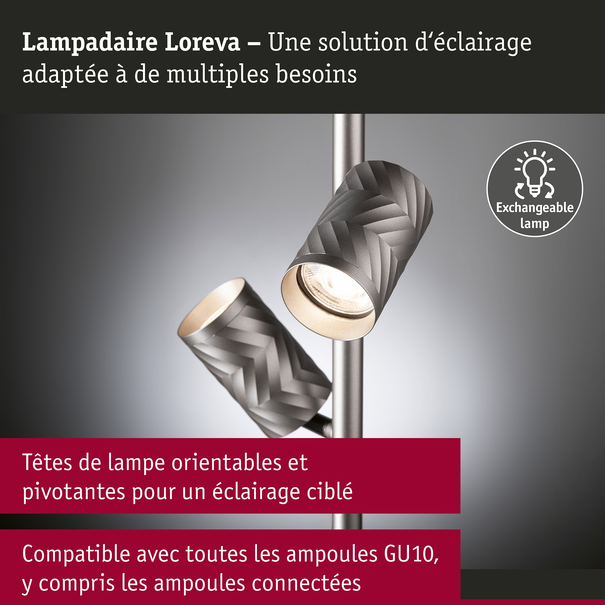 Lampadaire Loreva 1575mm max. 2x7W Titanium