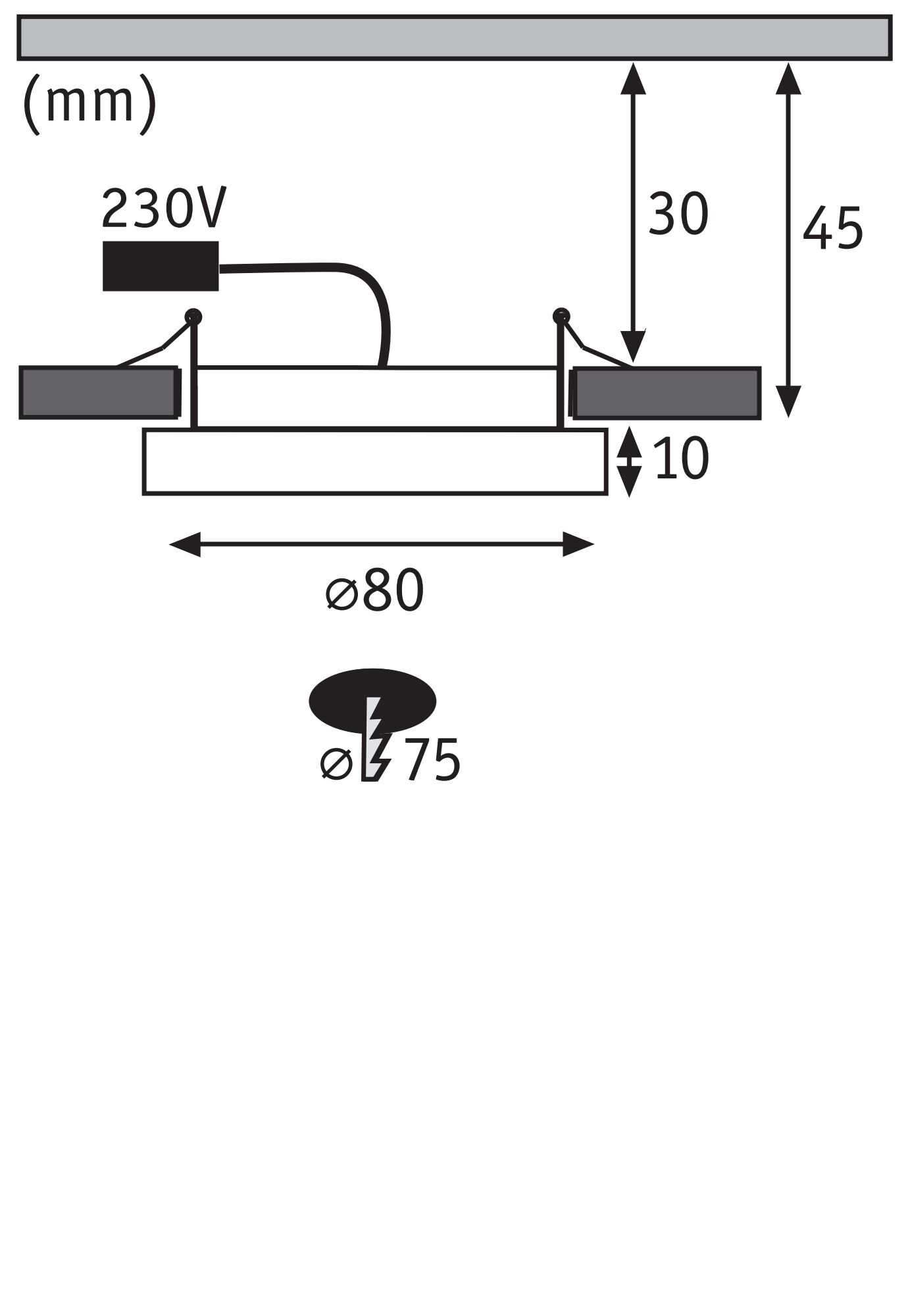 Technical drawing of recessed light with 80 mm diameter and 230V connection, dimensions in mm.