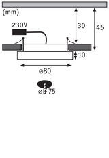 Technische tekening van inbouwlamp met 80 mm diameter en 230V aansluiting, afmetingen in mm.
